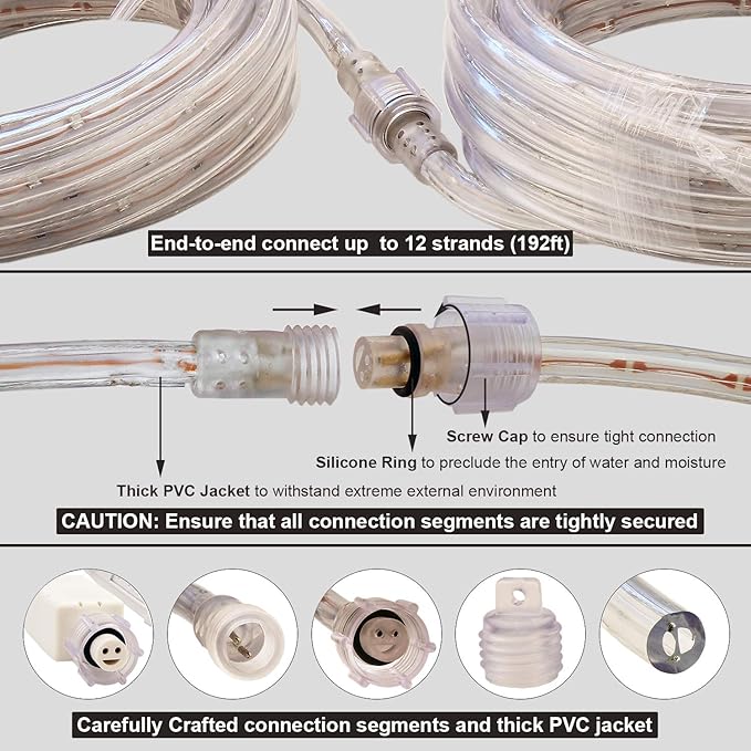 LED Rope Lights, 16ft Daylight White Strip Lights with Clear PVC Jacket, Connectable and Flexible, Waterproof for Indoor Outdoor use, 110V Plugin Tape Lighting with High Brightness 3528 LEDs