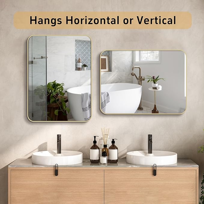 22"x30" Brushed French Gold Mirror for Wall, Bright Gold Rounded Rectangle Mirror with Metal Frame Hanging for Bathroom Entryway Vanity,Living Room,Bedroom,Vertical or Horizontal