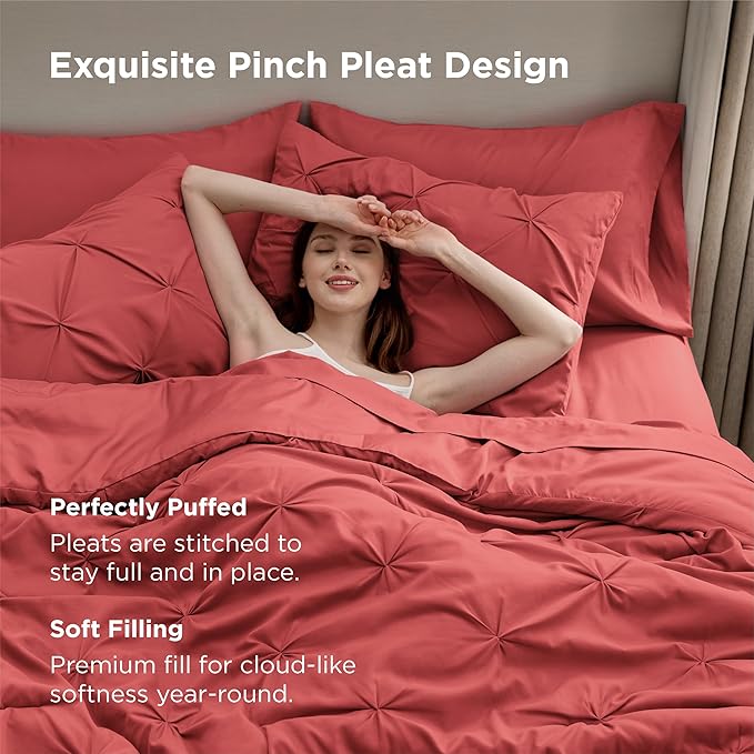 Bedsure Queen Comforter Set Coral Red - Bed in a Bag Queen Size Bedding 7 Pieces, GentleSoft™ Pintuck Bed Set Gift for Family, Pinch Pleat All Season Comforter with Sheets, Pillowcases & Shams