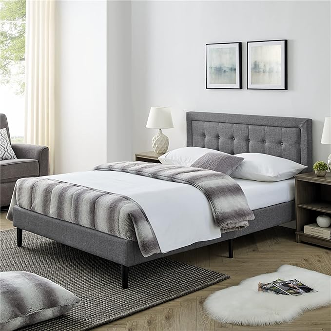 DeCoro Mornington 2.0 Upholstered Platform Bed | Headboard and Metal Frame with Wood Slat Support, Grey, King Size