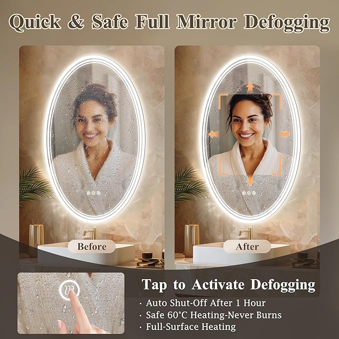 20''x28'' Oval Lighted Mirrors for Bathroom Wall Backlit + Front Lit, Oval LED Bathroom Mirror Frameless with Lights Anti Fog, Dimmable, 3 Colors,Tempered Glass, Shatter-Proof
