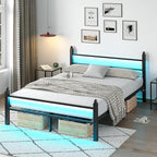 Full Bed Frame with Headboard and Footboard, Metal Bed Frame with Charging Station and LED Lights, Under Bed Storage, No Box Spring Needed,Noise Free, Black