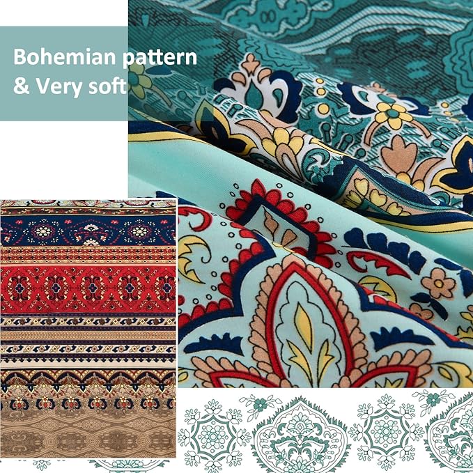 Boho King Size Comforter Set 8 Pieces,Green and Brown Bohemian Striped Bed in a Bag,Floral Soft Microfiber Bedding Comforter Set