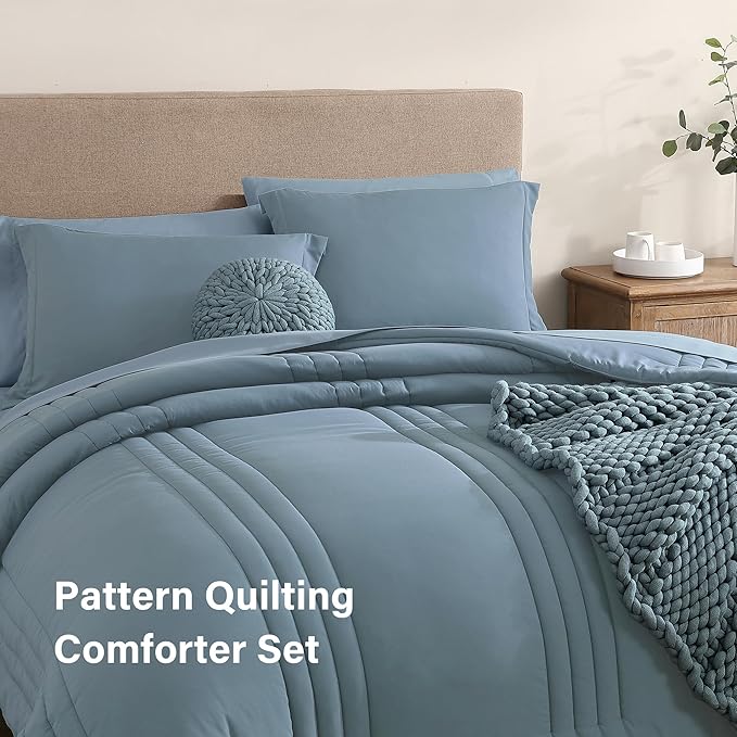 Monbix Queen Comforter Set - 7 Pieces Dusty Blue Bed in a Bag Queen Bedding Sets with Comforters, All Seasons Down Alternative Comforter Bed Set with Sheets, Pillowcases & Shams