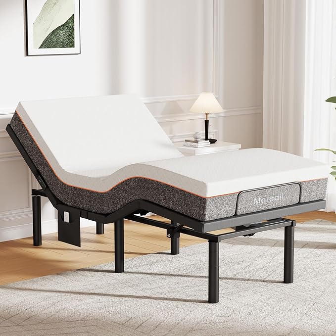 Marsail MS01 Twin XL Adjustable Bed Frame + 10-inch Gel Memory Foam Mattress, Adjustable Bed Base with Under-Bed Nightlight, Wireless Remote Control Adjustable Bed with 4 Height Options, Twin XL
