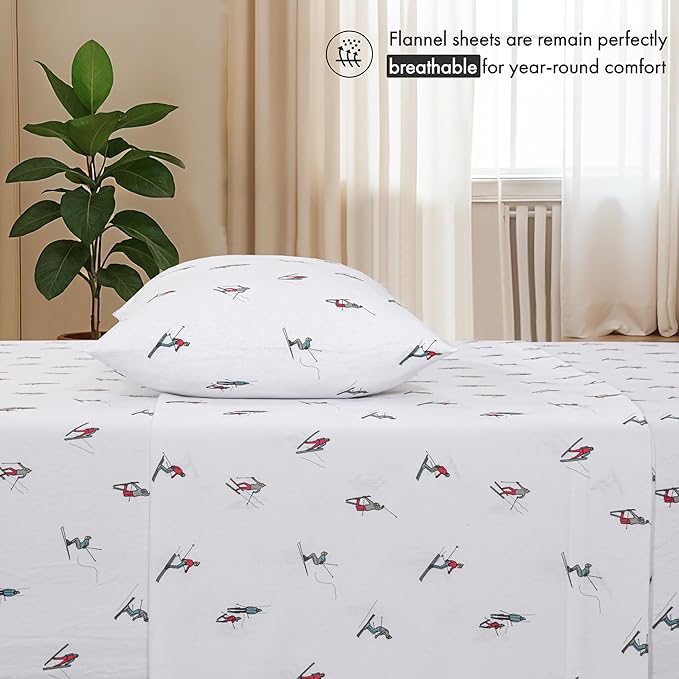RUVANTI Flannel Sheets Queen Size - 100% Cotton Double Brushed Bed Sheets, Deep Pockets 16 Inches Queen Sheet Set, All Seasons Breathable & Extra Soft - Warm & Cozy, 4 Piece, Flurry Friends