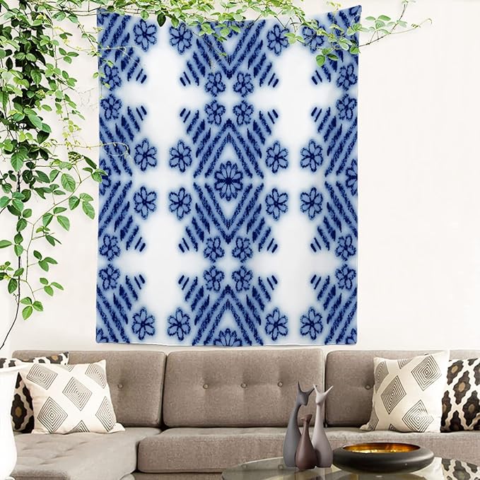 Batmerry Blue Art Flower Tapestry,Blue White Ceramic Glaze Tie Dye Wall Art Hanging Decoration Polyester Fiber White Ruffled Around for Dorm Room Bedroom Living Room, 82.7x59.1 inches