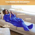 Catalonia Wearable Fleece Blanket with Sleeves and Foot Pockets for Adult Women Men, Micro Plush Comfy Wrap Sleeved Throw Blanket Robe Large, Blue