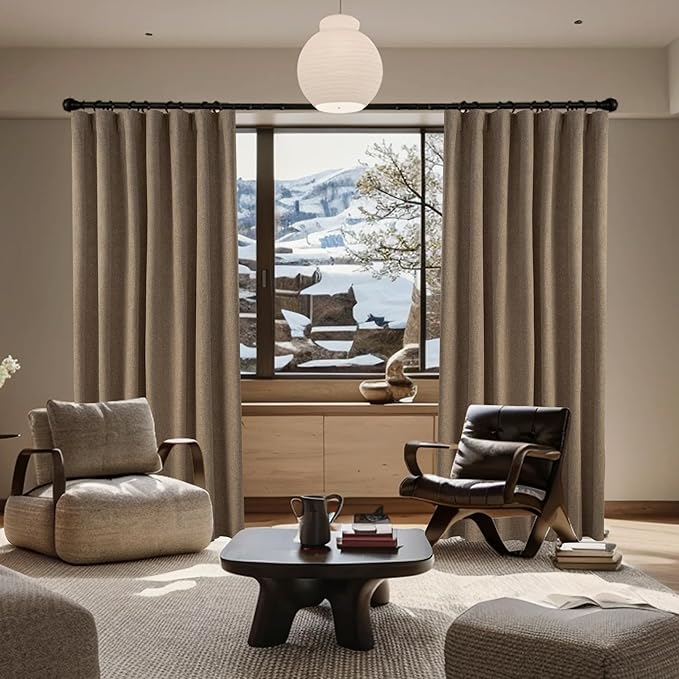 KangBang Blackout Linen Textured Curtains 60x102 Inch, Extra Wide Black Out Curtains for Large Windows, Back Tab/Rod Pocket/Hook Belt Rustic Tan Drapes with Hooks for Track,2 Panels,Biscuit