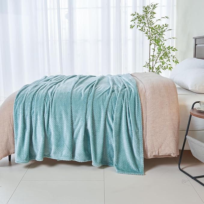 NEWCOSPLAY Super Soft Queen Blanket Mint Green Premium Silky Flannel Fleece Leaves Pattern Lightweight Bed Blanket All Season Use (Mint Green, Queen(90"x90"))