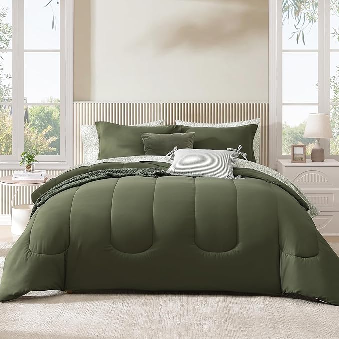 Monbix King Size Comforter Set - 7 Pieces Bed in a Bag King, Olive Green Track Stitching Bedding Sets, All Seasons Down Alternative Comforter Bed Set with Sheets, Pillowcases & Shams