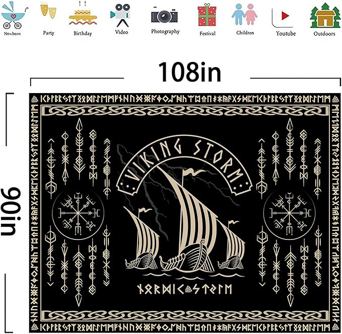 OSUNBD Viking Warship Tapestry Wall Hanging - Large 108x90 inches Storm & Celtic Runes on Soft Flannel Aesthetic Mythology Tapestries Norse Mythology Art for Bedroom, Living Room Decor
