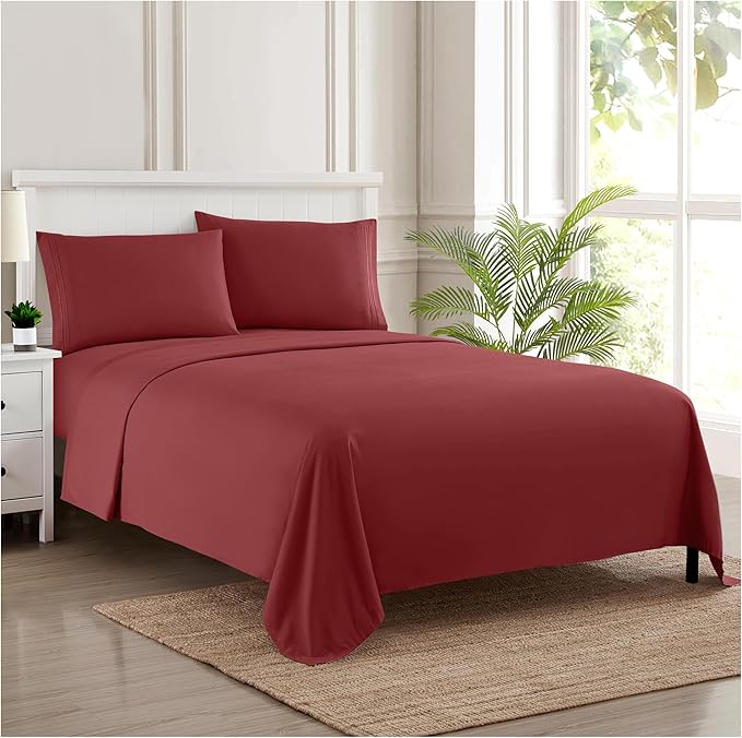 RV Queen Bed Sheets - Breathable Luxury Sheets with Full Elastic & Secure Corner Straps Built In - 1800 Supreme Collection Extra Soft Deep Pocket Bedding Set, Sheet Set, RV Short Queen, Burgundy