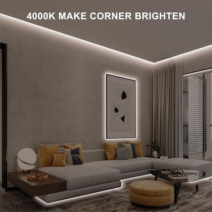 32.8ft COB Led Strip Light with Remote, 4000K Dimmable Bright Led COB Strip Light, White Continuous Led Strip Light for Mirror, Stair, Cabinet, Room