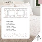 Linen Home 100% Cotton Printed Percale Sheets California King Size, Deep Pocket, 4 Pieces Set-1 Flat, 1 Deep Pocket Fitted Sheet and 2 Pillowcases, Crisp Cool Bed Linen, Mauve Botanical Floral