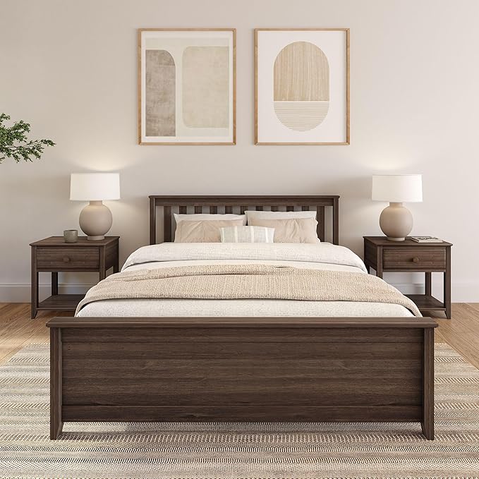 Plank+Beam Solid Wood Queen Bed Frame, Platform Bed with Headboard, Walnut