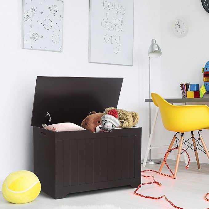 Toy Chest for Girls Boys Wooden Storage Box with Flip-top Lid & Safety Hinge, Kids Room Play Room Nursery Organizer, Bedroom Bench with 100L Storing Area, Brown