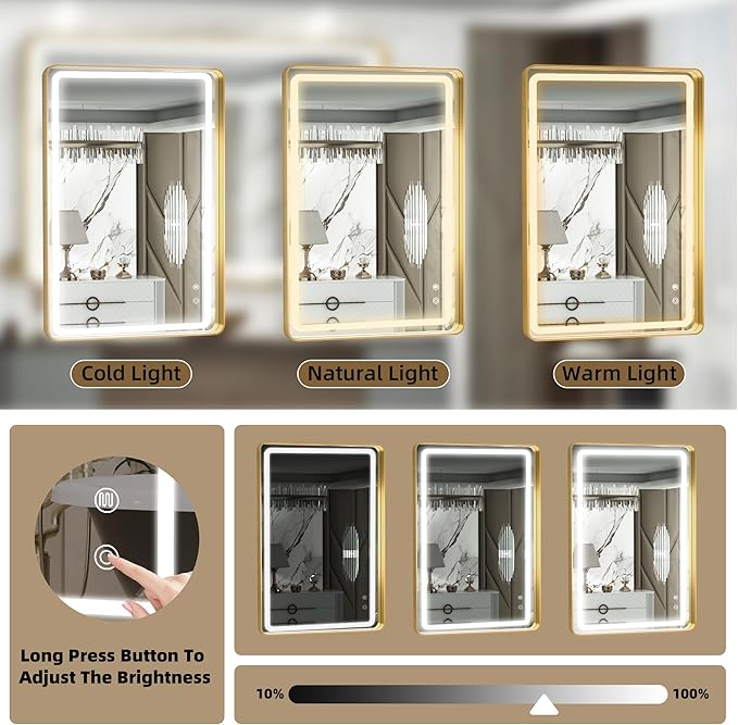 Hasipu LED Bathroom Mirror with Lights 40 x 26 Inch, Gold Metal Frame Light Mirror for Vanity Shaving, Wall Mounted Rounded Rectangle Mirror Anti-Fog, Dimmable, 3 Colors (Horizontal/Vertical)