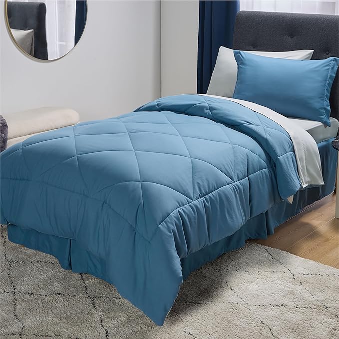 Bedsure Twin XL Comforter Set - 5 Pieces Reversible Slate Blue Bedding, Twin XL Size Bed Set for All Seasons, Bed in a Bag with Down Alternative Comforter, Sheets, Pillowcase & Sham