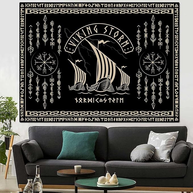 OSUNBD Viking Warship Tapestry Wall Hanging - Large 118x78 inches Storm & Celtic Runes on Soft Flannel Aesthetic Mythology Tapestries Norse Mythology Art for Bedroom, Living Room Decor
