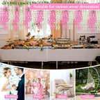 Giegxin 24 Pcs Artificial Wisteria Hanging Flowers 3.6 ft Artificial Fake Wisteria Vine Rattan Hanging Garland Silk Flowers String for Wall Home Wedding Party Greenery Decorations (Dark Pink,White)