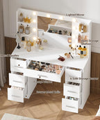 Irontar Makeup Vanity Desk with Mirror, 43.3" L Vanity Table with 10 LED Lights & 7 Metal Sliding Drawers, Brightness Adjustable & Open Shelves, for Women, Wife, White