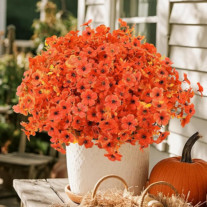 SHareconn 24 Bundles Artificial Fall Flowers for Outdoors Decoration,UV Resistant Silk Eucalyptus Lavender Faux Autumn Fake Plants for Outside Indoor Garden Yard Porch Home Decor,SunsetRedAutumnColour