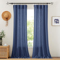 RYB HOME Curtains for Living Room - Linen Texture Sheer Farmhouse Country Curtains for Patio Sliding Glass Door French Door Bedroom Dining, Navy Blue, 52 x 95 inches, 2 Panels