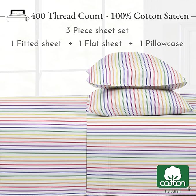 California Design Den Printed Twin XL Sheet Sets - 400 Thread Count Sateen, Natural 100% Cotton Sheets, Deep Pockets, Cooling and Durable Bedding Set - Rainbow Striped