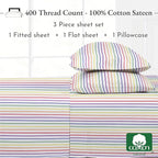 California Design Den Printed Twin XL Sheet Sets - 400 Thread Count Sateen, Natural 100% Cotton Sheets, Deep Pockets, Cooling and Durable Bedding Set - Rainbow Striped