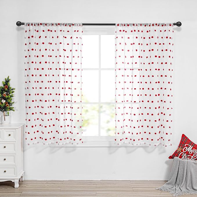 MYSKY HOME Short Curtains for Bedroom 54 Inches Long Merry Christmas Red Pom Pom White Sheer Curtains Kitchen Bathroom Nursery Boys Kids Room Rod Pocket 2 Pieces Small Window 52" x 54"