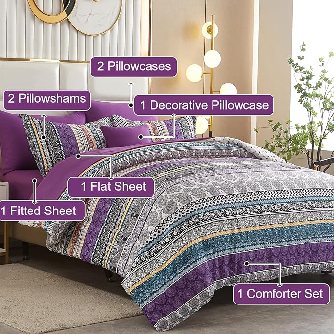 Cottolester Boho Comforter Set King Size 8 Piece Bed in a Bag Bohemian Striped Bedding Quilt Set Purple Paisley Floral Comforter and Sheet Set,Soft Microfiber Complete Bedding Sets for All Season