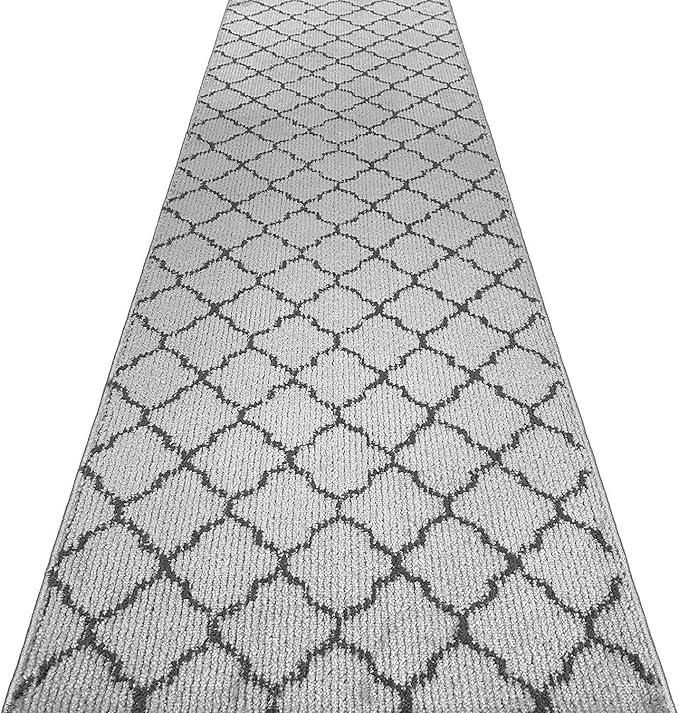 Custom Size Modern Runner Rug Carpet for Hallway Entryway Foyer Kitchen, Slip Resistant Latex Rubber Backed 31 inch Wide X Customized Length, Trellis Grey, 31 inch X 24 feet