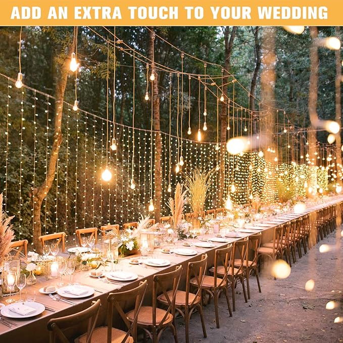 JMEXSUSS 600 LED Christmas Curtain Lights Outdoor, 9.5x19.6ft Christmas String Light Plug in with Remote, 8 Modes Wall Hanging Lights for Bedroom Party Backdrop Wedding Xmas Decor, Warm White