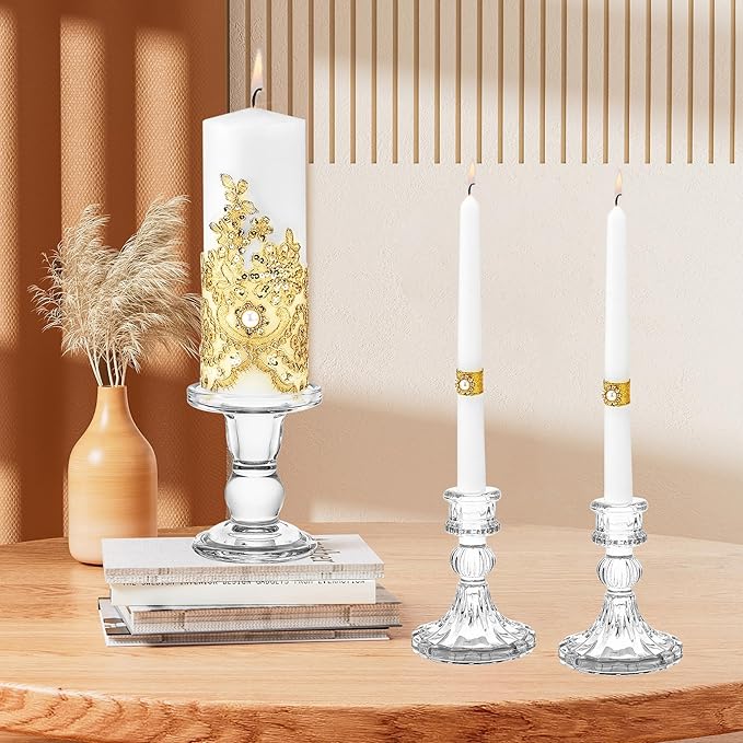 Unity Candle Holder - Glass Candle Holders for Pillar Candles Taper Candles, Glass Candlestick Holders Set of 3, Decorative Clear Glass Candlestick Holder for Wedding Table Dinning Church Centerpiece