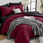 HEVUMYI Red & Black King Comforter Set - 7-Piece All Season Bed in a Bag King, Ultra Soft Burgundy Bedding Set with Comforter, Flat Sheet, Fitted Sheet, Pillowcases, Pillow Shams, Burgundy Red & Black