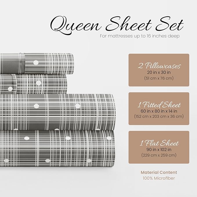 Linen Market Double-Brushed Patterned Microfiber Queen Sheet Set 4 Piece – Oeko-TEX Certified Ultra Soft & Wrinkle-Free - 16" Deep Pocket Sheets - Easy Care Queen Size - Polka Dot Gray