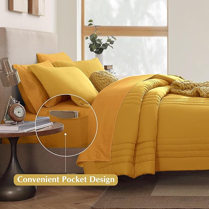 Monbix King Size Comforter Set - 7 Pieces Bed in a Bag King, Bright Yellow Bedding Sets with Comforter, All Seasons Down Alternative Comforter Bed Set with Sheets, Pillowcases & Shams