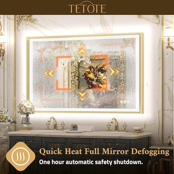 TETOTE Gold LED Bathroom Mirror with Lights 72x32 Front & Back Light Vanity Framed Mirror Baroque Anti Fog Dimmable White/Warm/Natural,CRI90+,Waterproof,Wall Mounted(Horizontal/Vertical)