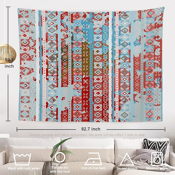 Batmerry Blue Grey Boho Garbage Tapestry, Red Wall Art Hanging Decoration Polyester Fiber White Ruffled Around for Dorm Room Bedroom Living Room, 59.1x82.7 inches