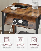 VASAGLE End Table with Charging Station, Set of 2, Small Side Tables for Living Room, Bedroom, Nightstand with Outlets and USB Ports, Bedside Table with Storage Shelf, Rustic Brown and Black