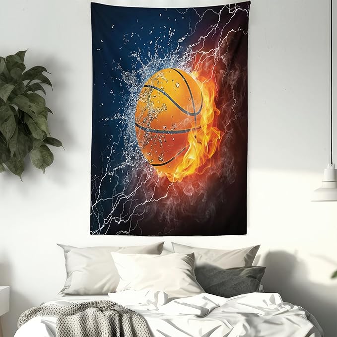 Ambesonne Sports Tapestry, Basketball Ball and Water Splashing Thunder Lightning Themed Design, Wall Hanging for Bedroom Living Room Dorm Decor, 40" X 60", Dark Blue and Burgundy