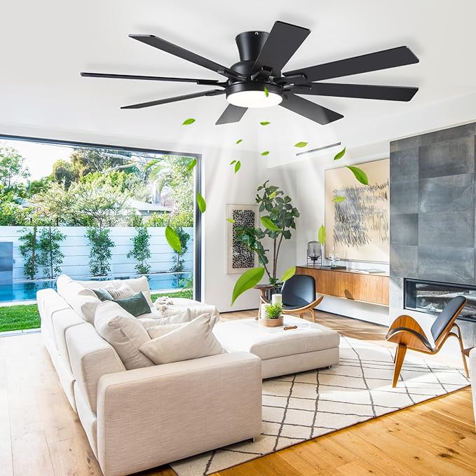 Ceiling Fans with Lights- 52" Low Profile Indoor Ceiling Fan with Light and Remote/APP Control, 8 Blade,Flush Mount, LED Dimmable DC Reversible Modern Ceiling Fan for Bedroom（Black）