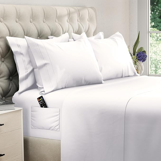 DREAMCARE Queen Sheet Set – 6 pcs Cooling Bed Sheets – up to 15” Deep Sheets Queen Size Bed Set – 2500 Supreme Collection – Extra Soft 100% Brushed Microfiber Hotel Luxury with Side Pocket – White