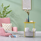 VECELO Round Side/End Table with Fabric Storage Basket，Metal Anti-Rust and Waterproof Small Bedside Nightstand with Removable Tray Top for Living Room，Balcony & Laundry，Yellow /2pcs with Basket