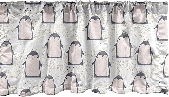 Ambesonne Penguin Window Valance Pack of 2, Pastel Colored Style Cartoon Animals from Antarctica Crowns on a Dotted Background, Rod Pocket Curtain Valances for Kitchen Bedroom, 54" X 18", Grey Pink
