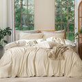 MooMee Bedding Duvet Cover Set 100% Washed Cotton Linen Like Textured Breathable Durable Soft Comfy (Heathered Almond Milk Grey, Palatial King/Oversized King 120"x98")