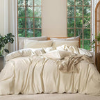MooMee Bedding Duvet Cover Set 100% Washed Cotton Linen Like Textured Breathable Durable Soft Comfy (Heathered Almond Milk Grey, Super Queen 90"x98")