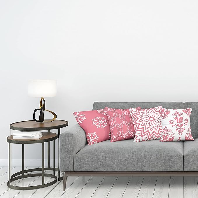 Ambesonne Retro Throw Pillow Cushion Case Pack of 4, Trellis Grid Medieval Floral Damask Mandala Flower Ornament in Modern Monochrome, Modern Accent Double-Sided Digital Printing, 18", Pastel Pink
