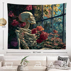 Batmerry Skeleton Roses Greenhouse Tapestry, Skeleton Roses Glass Flowers Wall Art Hanging Decoration Polyester Fiber White Ruffled Around for Dorm Room Bedroom Living Room, 59.1x82.7 inches